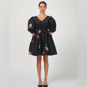 Naya Rea Floral Mini Dress Size M Black Puff Sleeve Open Back
